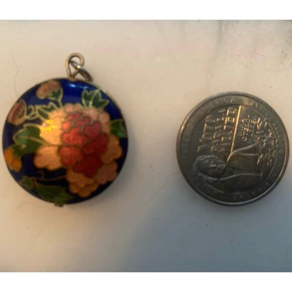 Vintage Cloisonné Floral Round Double Sided Pendant Enamel Blue Gold - Picture 3 of 4